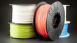 Plastic filament material PLA and ABS for printing on a 3D printer in color. AI generated.