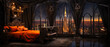 Luxury penthouse gothic hotel room with stylish, chic, and classic interior design. Stunning city views of a city skyline with an upscale experience.