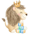 Cute lion playing toy blocks watercolor illustration