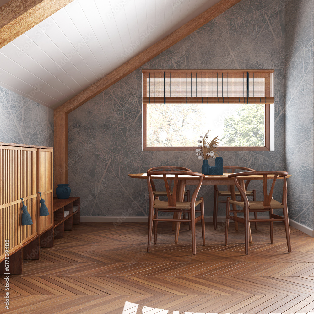 Minimal wooden dining room with sloping ceiling and herringbone parquet ...