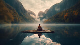 Fototapeta  - One person meditating in tranquil mountain landscape, practicing relaxation exercise generated by AI