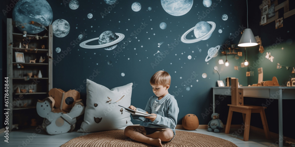 Generative AI, a child reads a book in a children's room, a boy or a ...