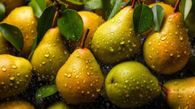 Fresh Ripe Pears With Water Drops Background. Fruits Backdrop. Generative AI