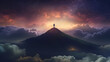 © Aghavni - Man standing on mountaintop at night under clouds. Generative AI
