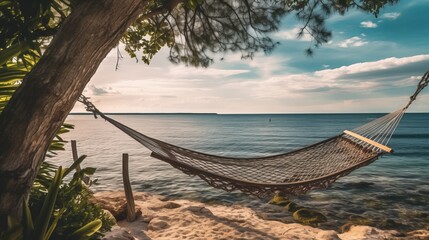 Wall Mural - hammock between two palm trees in a rest area on the beach, responsible tourism