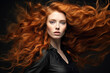 © fotoyou - Portrait of Beautiful Woman with Long Curly Red Wavy Hair. Hair Flying in the Wind. Copy Space.