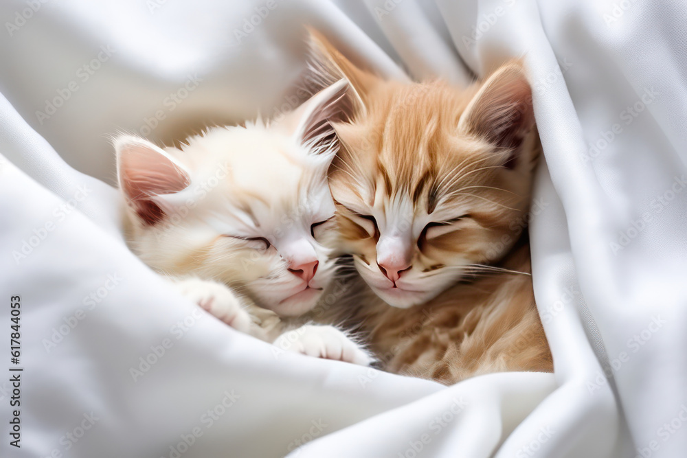 Two stripped cute little kittens sleeping cuddled up on a bed in light ...