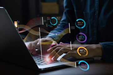 Analysts use computers to analyze and visualize complex data on a virtual screen. Big data technology and data science to gain insights and understand business analytics.artificial intelligence.