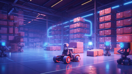 Smart warehouse with transporter robots and holographic dashboard. Generative AI