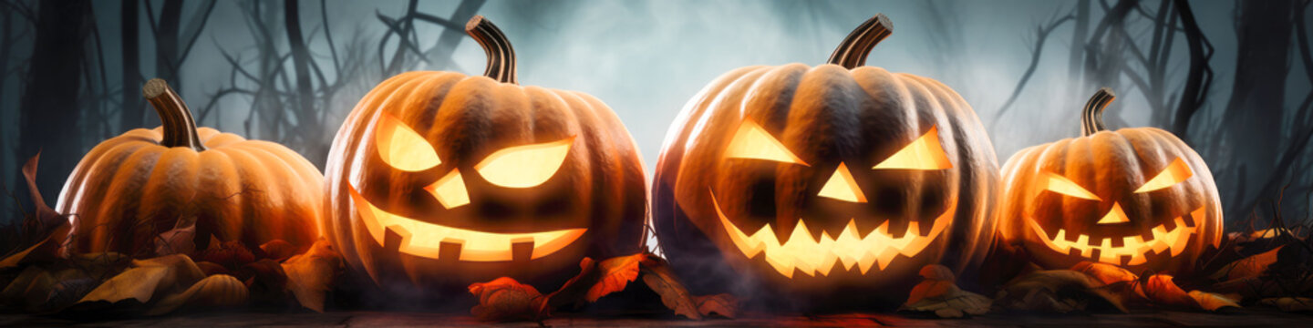Halloween scene horror banner with creepy pumpkins of spooky dark background. Generative AI.