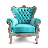 Fototapeta  - Vintage turquoise velvet chair on white background. Insulated furniture.