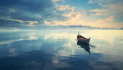 Wall Mural - Tranquil sunset on blue seascape, sailboat and fishing boat abandoned generated by AI