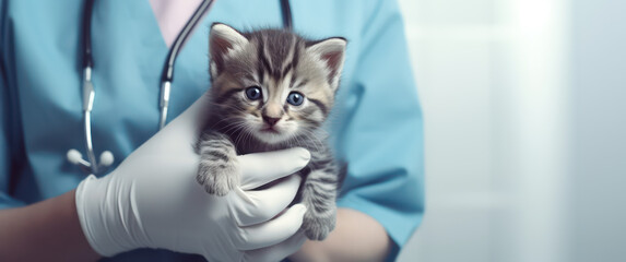 Little fluffy kitten in hands of veterinarian doctor in medical white coat with a stethoscope. Copy space, veterinary clinic banner. Generative AI photo.