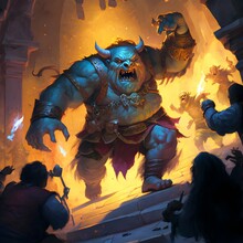 Dungeons And Dragons Painting Of A Rampaging Giant Troll Attacking A Party Of Fantasy Adventurers 