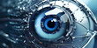 Blue artificial or mechanical eye. Robot detail, close up, blurred background.