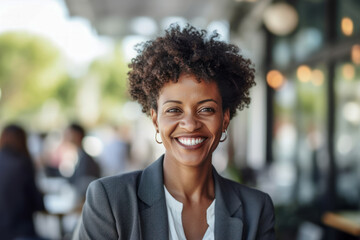 Smiling businesswoman outdoors.