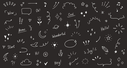 Poster - Doodle cute heart, glitter pen line elements on chalkboard. Doodle heart, arrow, star, sparkle decoration symbol set icon. Simple sketch line style emphasis, glitter star. Vector illustration