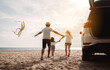 Leinwandbild Motiv Family happy traveling enjoy in vacation with Car travel driving road trip summer vacation in car in the sunset, Dad, mom and daughter  holidays and relaxation together get the atmosphere.
