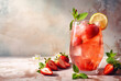 Summer strawberry lemonade on light background. Strawberry mojito with berries and mint. Strawberry smoothie with berries. Generative AI
