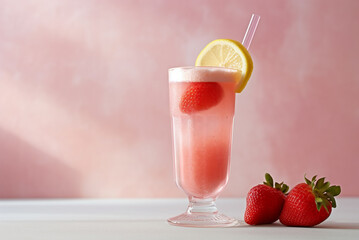 Wall Mural - Summer strawberry lemonade on light background. Strawberry mojito with berries and mint. Strawberry smoothie with berries. Generative AI