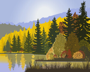 Wall Mural - Autumn forest landscape with trees, lake and mountains. Vector illustration.