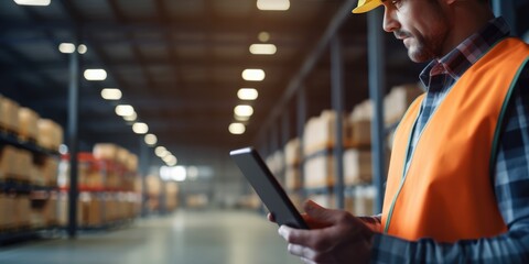 Man factory manager using digital tablet in warehouse storage, generative ai