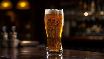 Wall Mural - Foamy beer glass on wooden bar counter in dark pub generated by AI