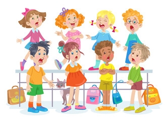 Sticker - Funny children sing in the school choir. Four little girls and four boys stand together. In cartoon style. Isolated on white background. Vector flat illustration.