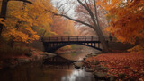 Fototapeta Las - Tranquil autumn footbridge reflects vibrant multi colored foliage in rural forest generated by AI