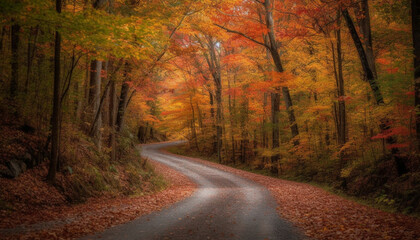 Wall Mural - Vibrant autumn colors on winding rural road through forest wilderness generated by AI