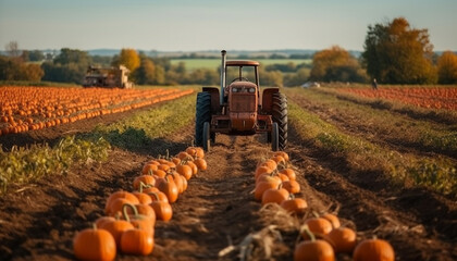 Rural farmer driving tractor, harvesting ripe pumpkin in plowed field generated by AI