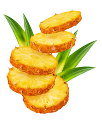 Wall Mural - pineapple isolated. ripe round pineapple slices with leaves on a transparent background.