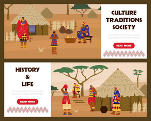 Wall Mural - Set of website banner templates with African tribal people flat style