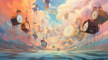 Floating Clocks In The Sky Full Of Clouds Background