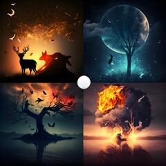 tree of life 4 seasons day night sunrise sunset moon background cinematic lighting animals insects water fire man woman 