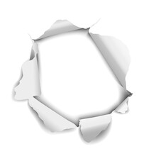 Realistic hole torn in white paper with curled rolled edges on transparent background