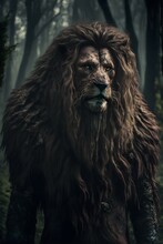Dark Fantasy Male Anthropomorphic Lion Primitive Ripped Ragged Clothing Wild Mane Beastly Lion Face Brown Fur Furry Claws Forest Background Dramatic Majestic Interesting Wide View Shot Conceptual 