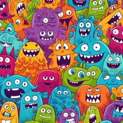 Flat vector cute doodle monsters pattern