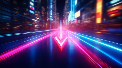 Wall Mural - Neon Arrow in Motion, Abstract Visualization of Speed and Technology with Pink and Blue Glow, generative ai.