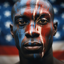African American Man With His Face Painted In The Vibrant Colors Of The American Flag In Honor Of The 4th Of July Celebration, Generative AI