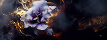 Beautiful Silver Gold Pearl Black Petals Purple Orchid Branches Of Dark Colors Transparent Petals Are Beautiful And Smooth Like Feathers, The Background Is Blurred Light Gold Smoke.