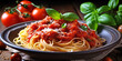 Experience the taste of Italy with this delicious image of homemade pasta topped with rich tomato sauce. Generative ai.