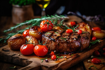 Succulent thick juicy portions of grilled fillet steak served with tomatoes and roast vegetables on an old wooden board generative AI