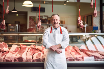 Man standing in front of shelves with raw meat. Male butcher or shopkeeper working in modern meathsop. Generative AI