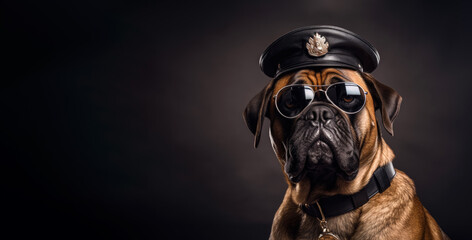 Mean looking bullmastiff working as a security officer or cop, wearing police hat, and sunglasses. Guarding dog concept. Wide banner copy space for text left side. Generative AI