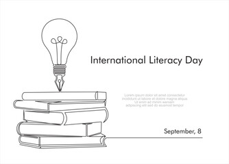 International literacy day. Continuous one line art for congratulation cards, banners and flyers. International literacy day. concept. Vector illustration.