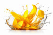 Mango pieces plus orange liquid color splash on isolated white. Generative ai
