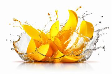 Wall Mural - Mango pieces plus orange liquid color splash on isolated white. Generative ai