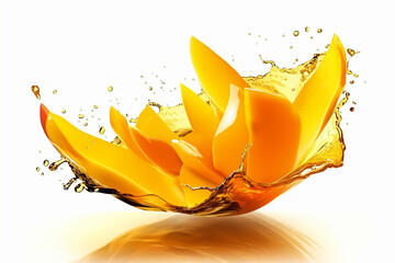 Wall Mural - Mango pieces plus orange liquid color splash on isolated white. Generative ai