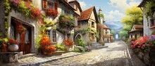 An Oil Painting Background Depicting A Charming European Village, With Cobblestone Streets, Quaint Houses, And Colorful Flower Boxes. Wallpaper Texture. Generative AI. 